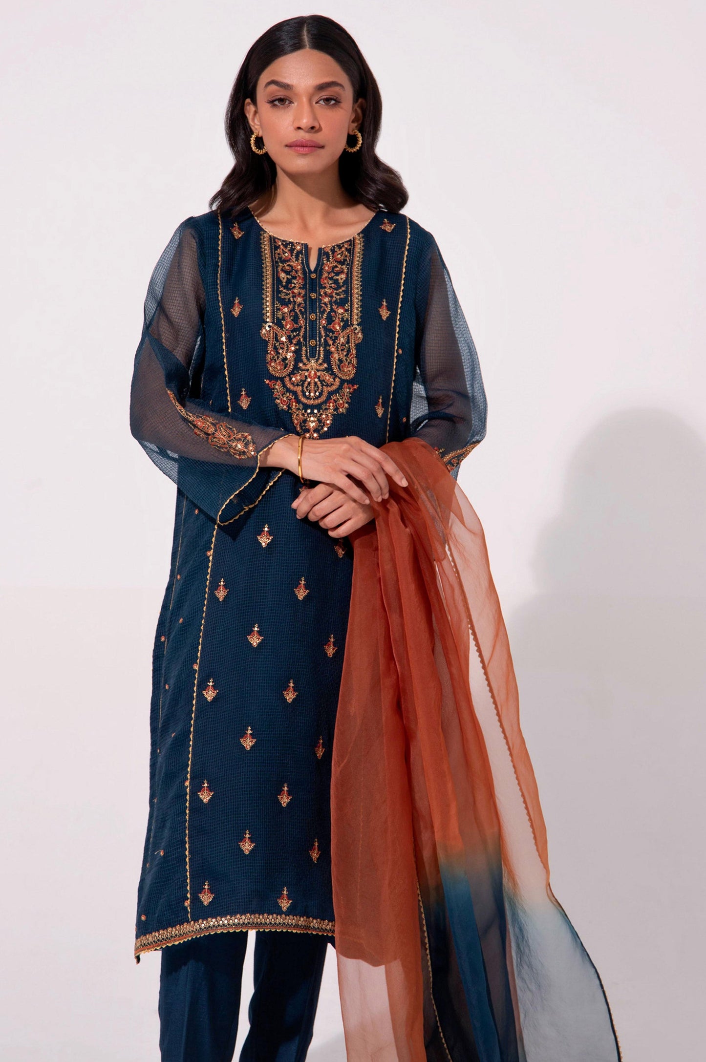 Stitched 2 Piece Embroidered Textured Organza Suit.