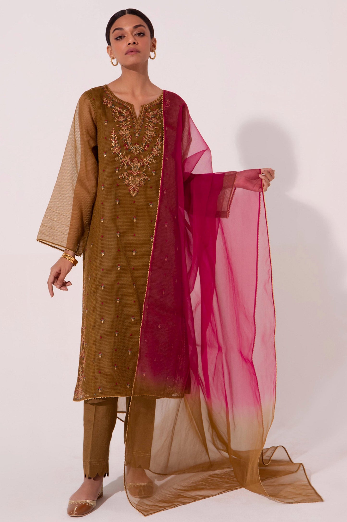 Stitched 2 Piece Embroidered Textured Organza Suit.