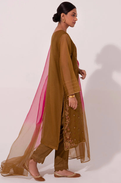 Stitched 2 Piece Embroidered Textured Organza Suit.