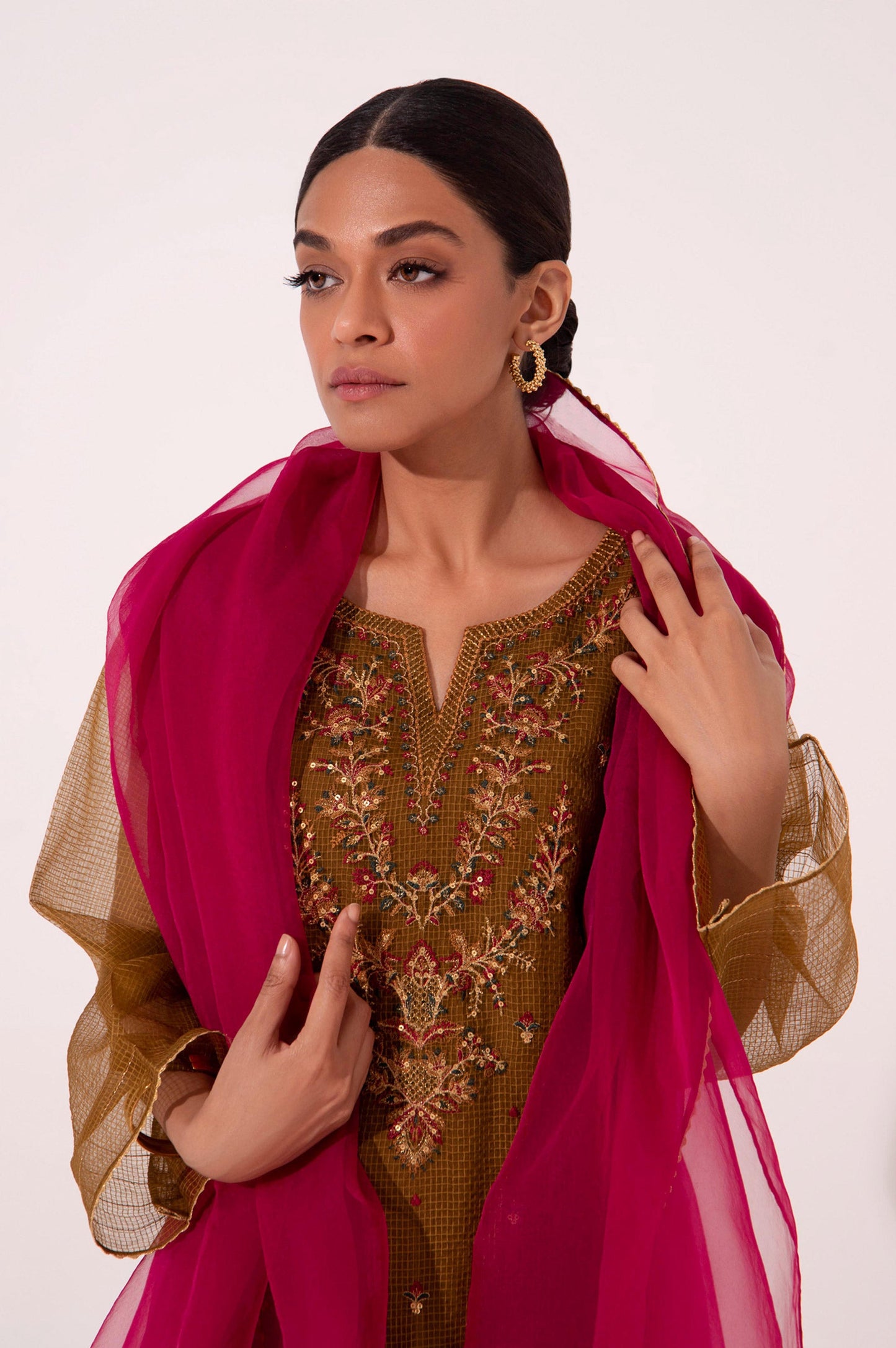 Stitched 2 Piece Embroidered Textured Organza Suit.