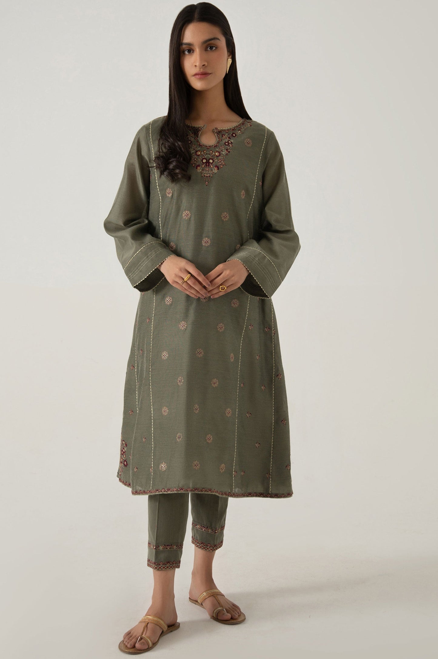 Stitched 2 Piece Cotton Net Embroidered Suit