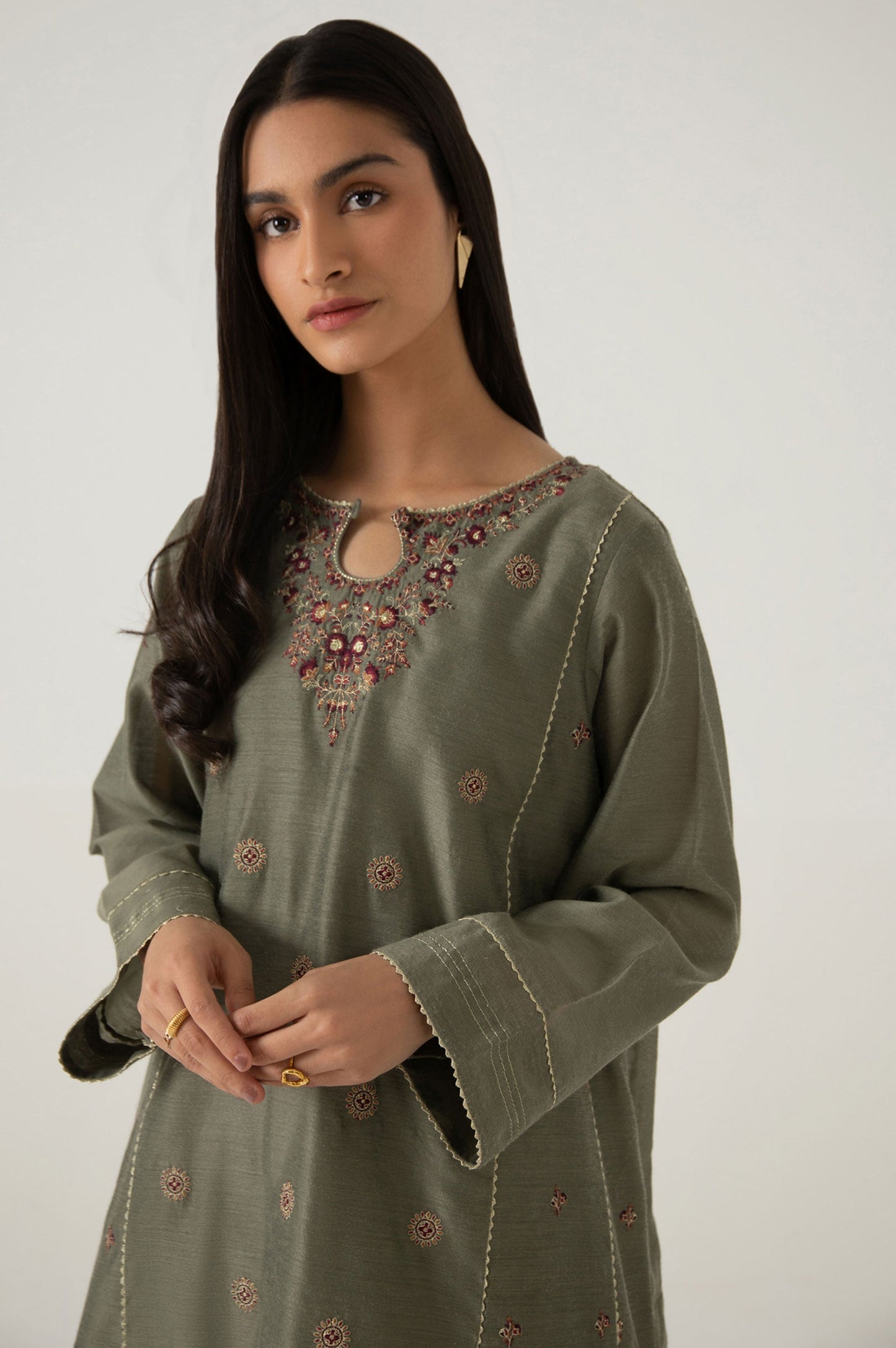 Stitched 2 Piece Cotton Net Embroidered Suit
