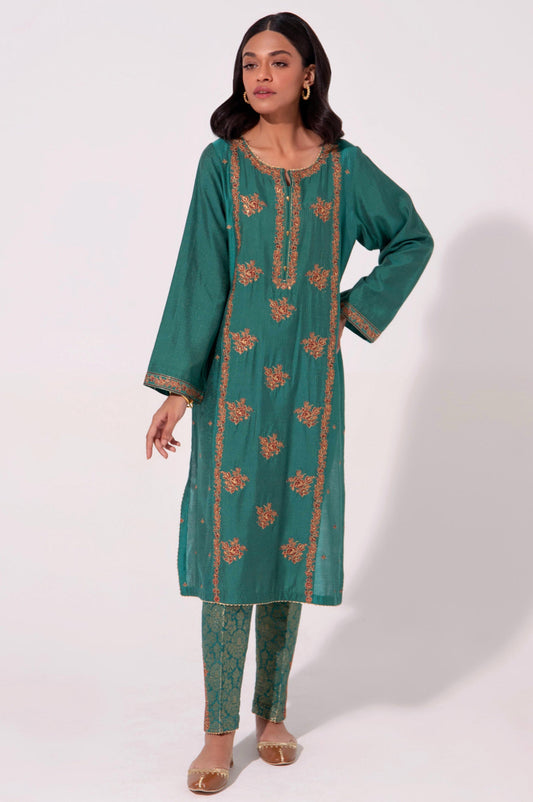 Stitched 2 Piece Cotton Silk Embroidered Suit.