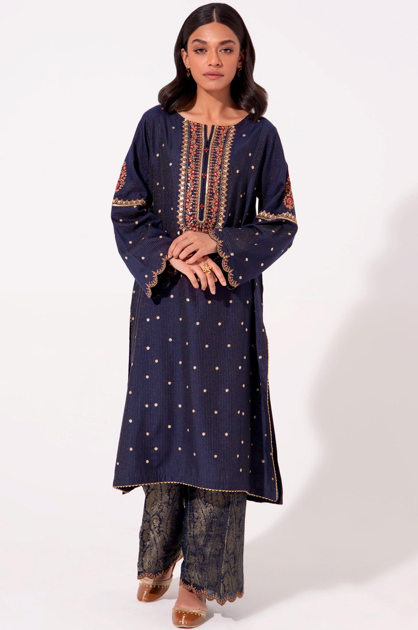 Stitched 2 Piece Zari Cotton Silk Embroidered Suit.