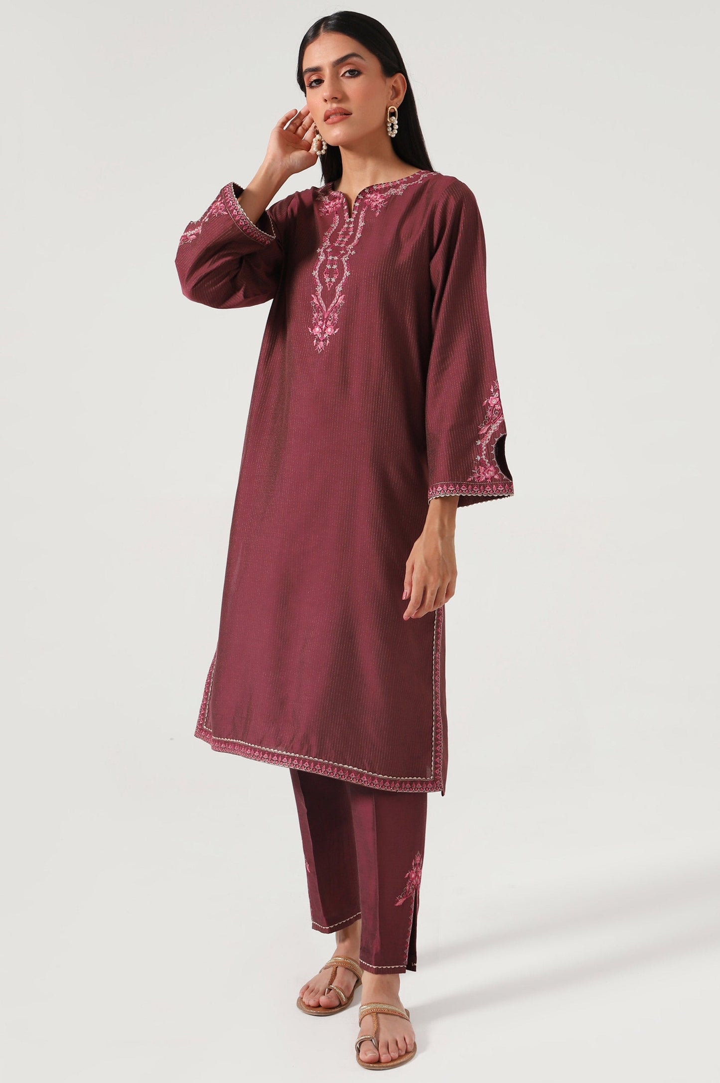 Stitched 2 Piece Cotton Silk Embroidered Suit