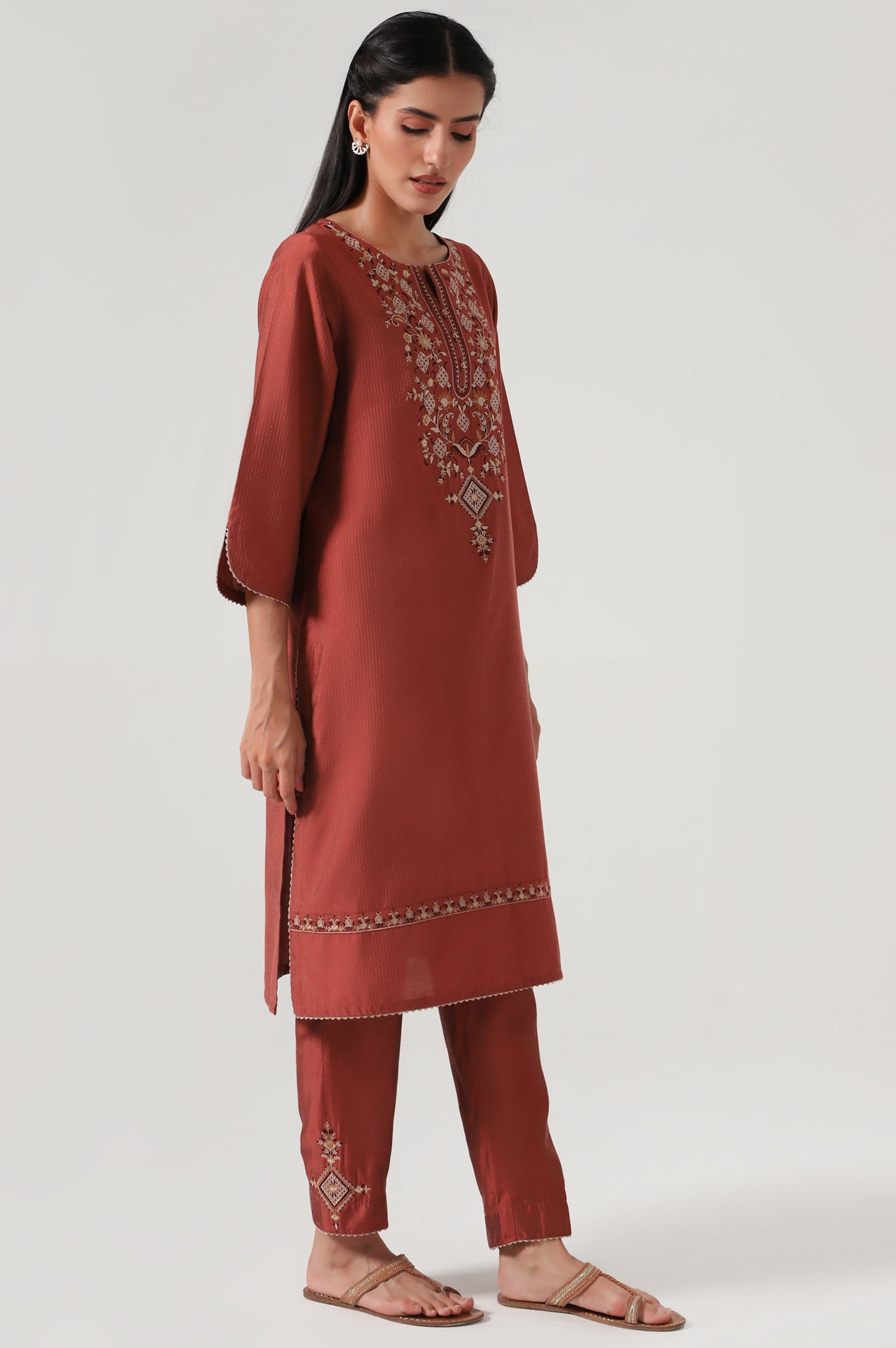 Stitched 2 Piece Cotton Silk Embroidered Suit
