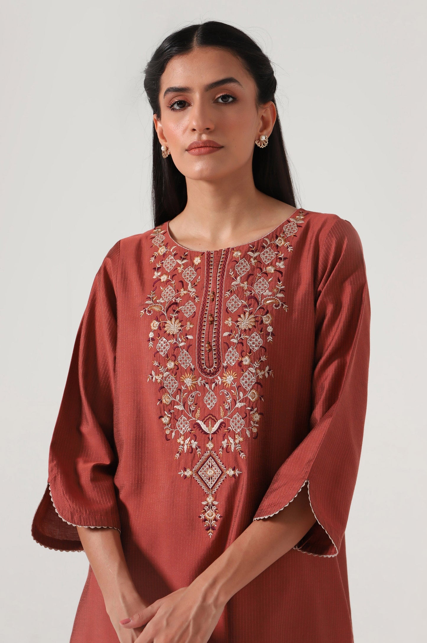 Stitched 2 Piece Cotton Silk Embroidered Suit
