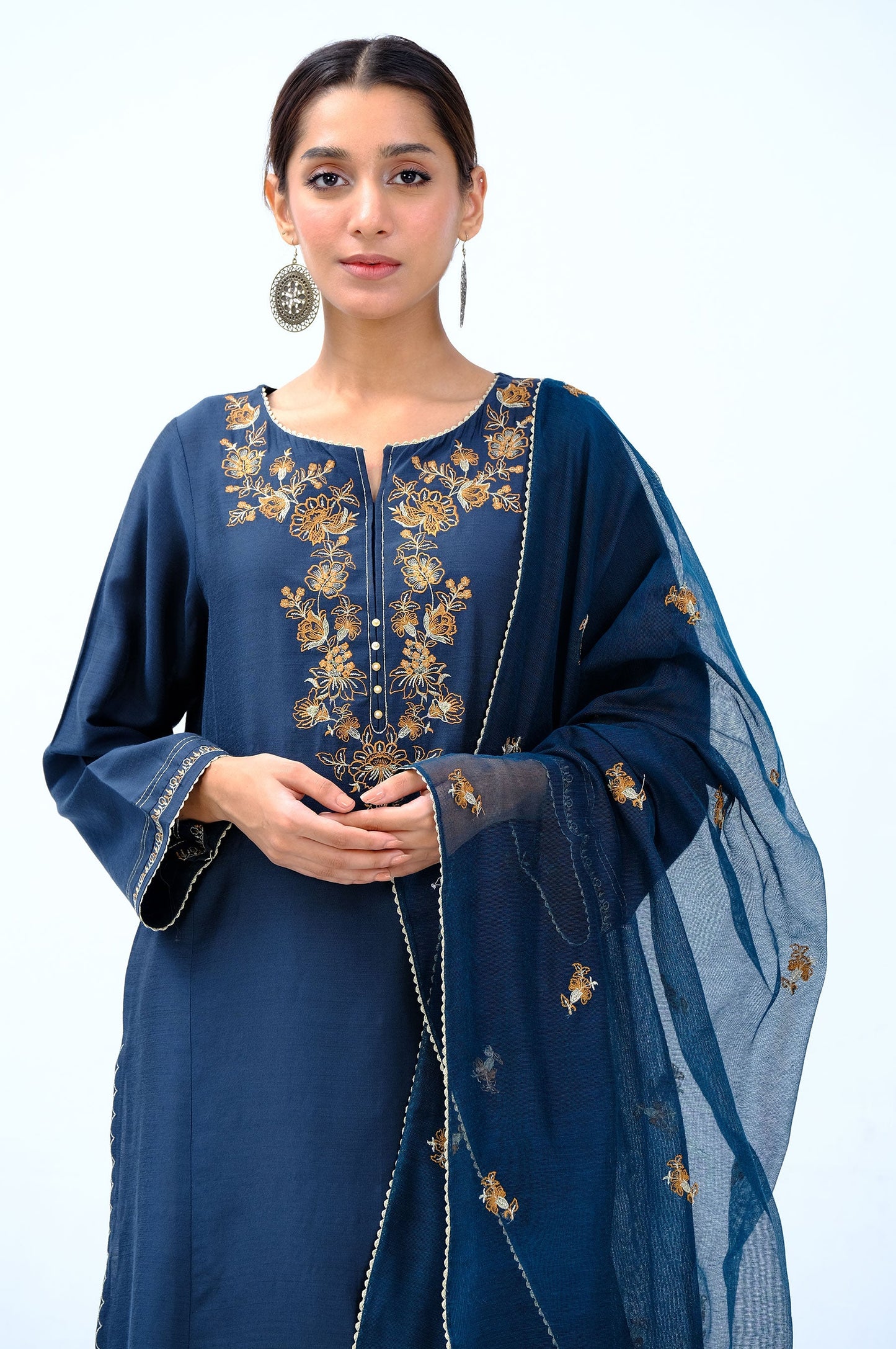 Stitched 2 Piece Cotton Net Embroidered Suit