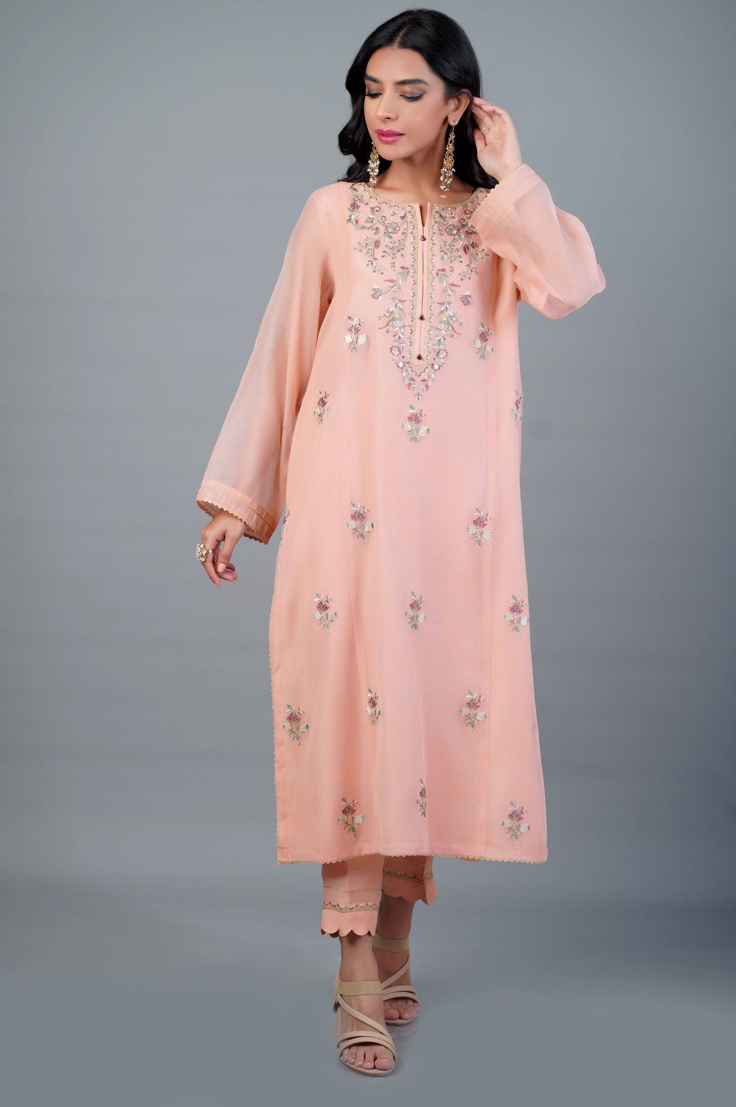 Stitched 2 Piece Khaddi Net Embroidered Outfit