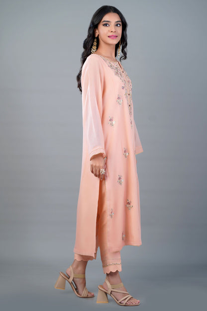 Stitched 2 Piece Khaddi Net Embroidered Outfit