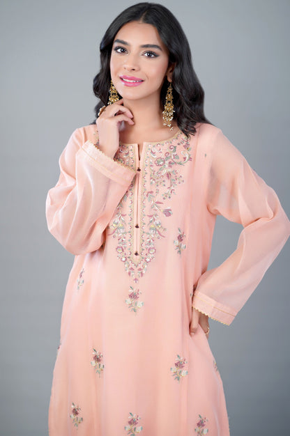 Stitched 2 Piece Khaddi Net Embroidered Outfit