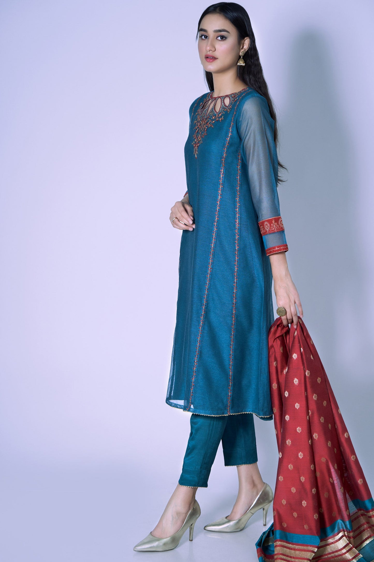 Stitched 2 Piece Khaddi Net Embroidered Shirt & Bottom