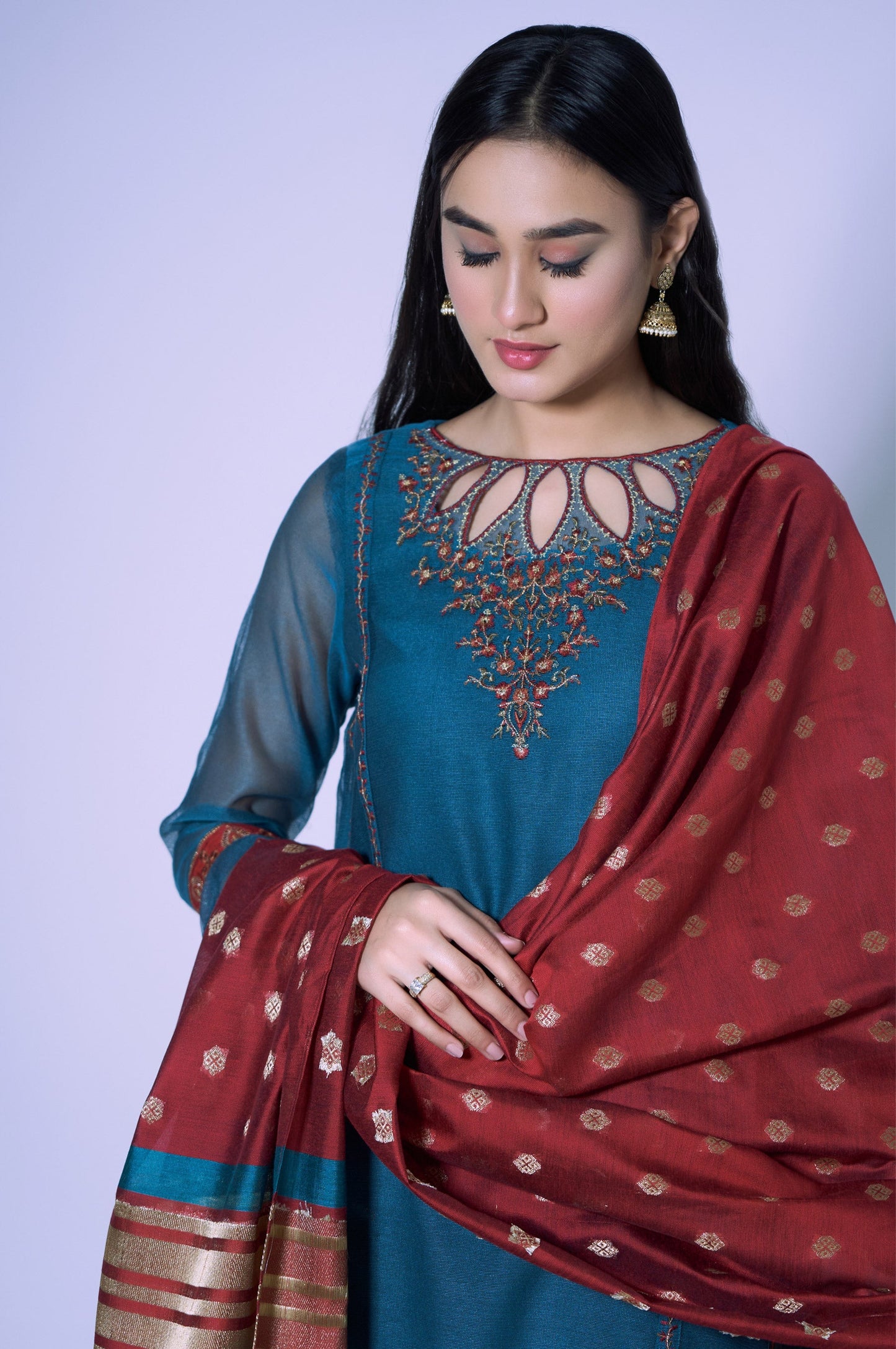 Stitched 2 Piece Khaddi Net Embroidered Shirt & Bottom