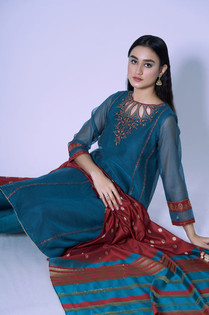 Stitched 2 Piece Khaddi Net Embroidered Shirt & Bottom