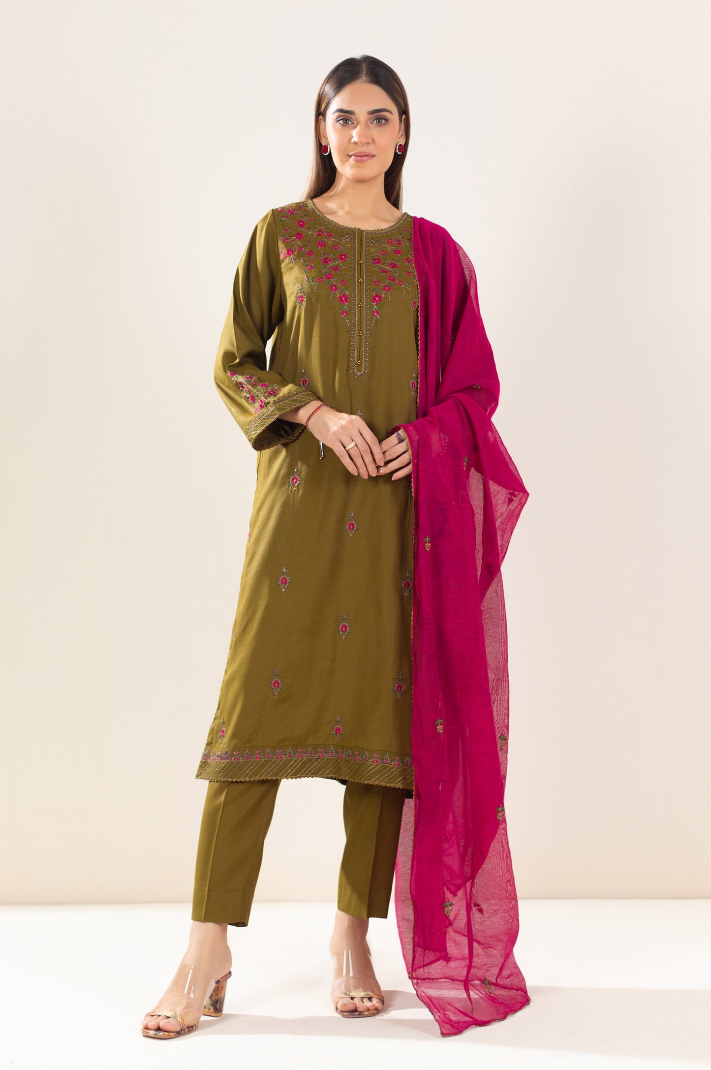 Stitched 2 Piece Embroidered Raw Silk Outfit