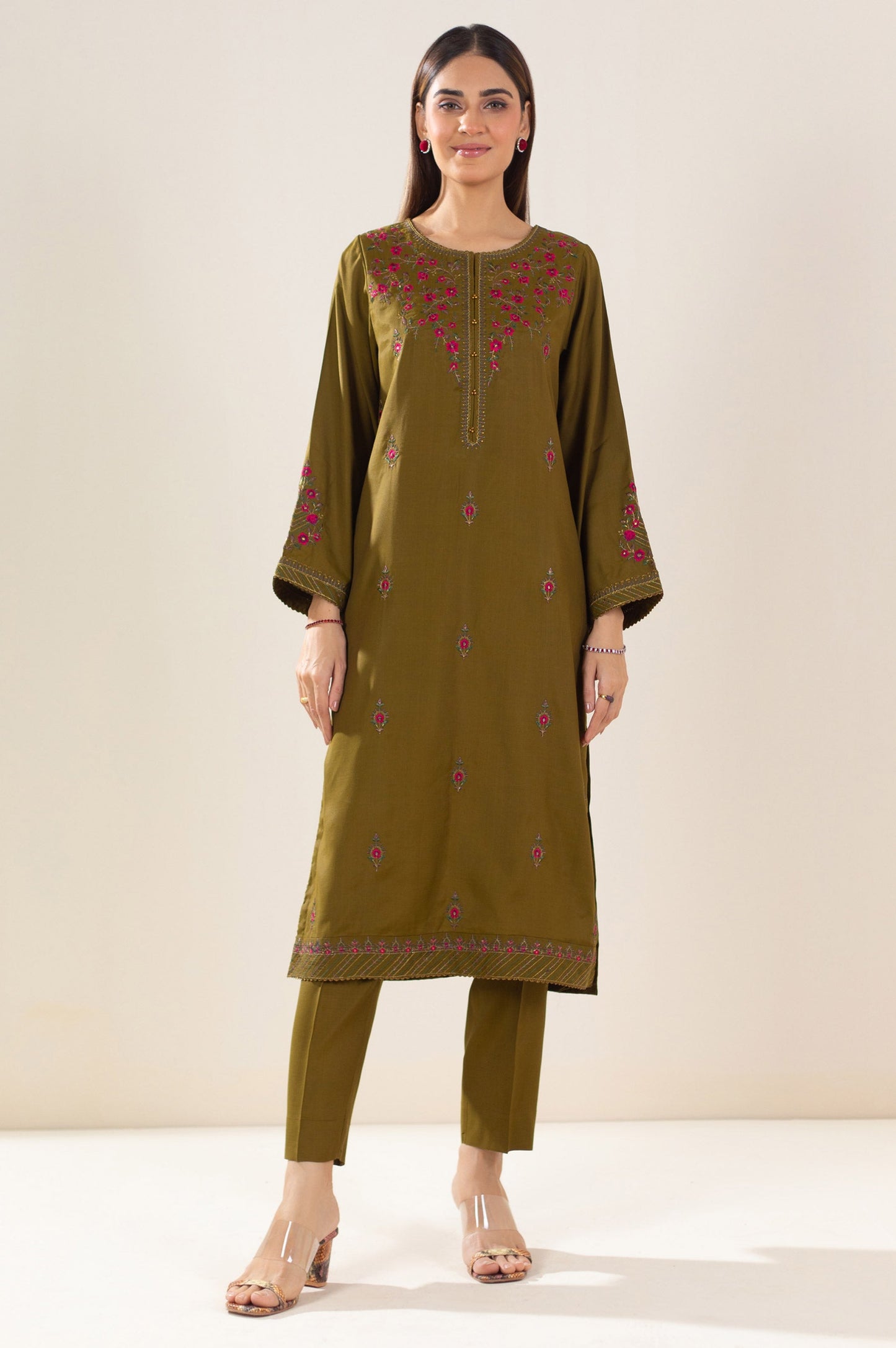 Stitched 2 Piece Embroidered Raw Silk Outfit