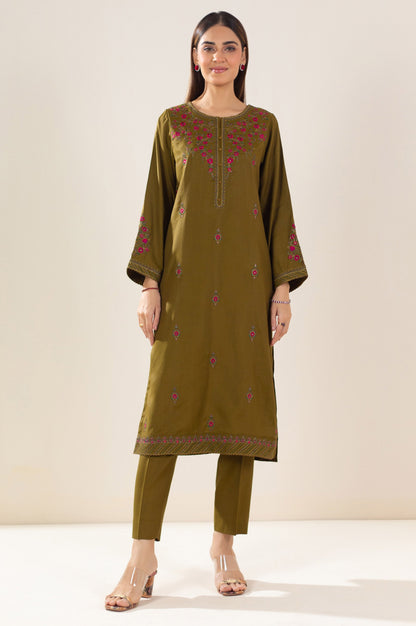 Stitched 2 Piece Embroidered Raw Silk Outfit