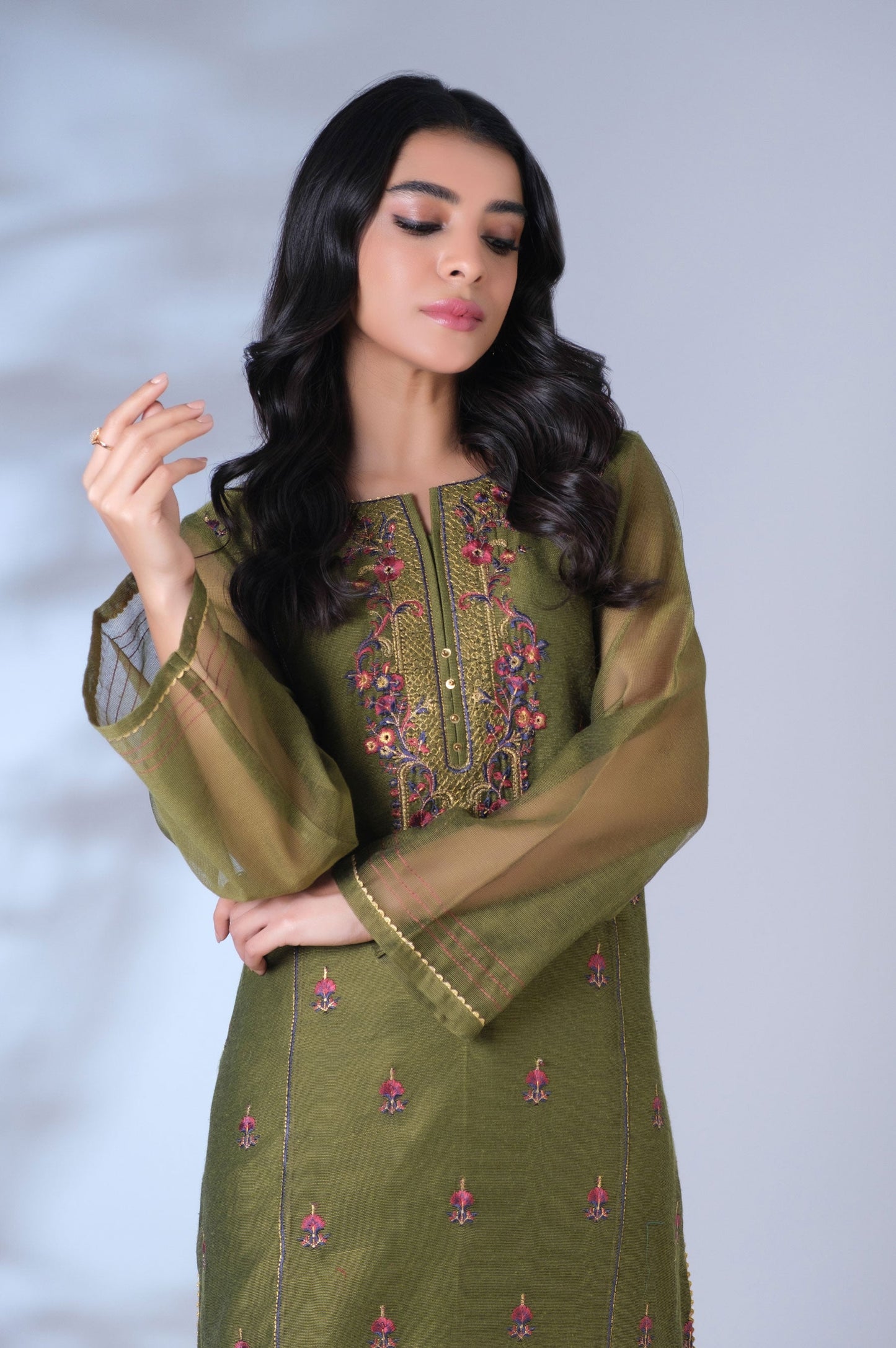 Stitched 2 Piece Khaddi Net Embroidered Outfit