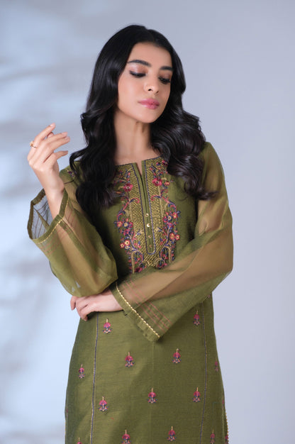 Stitched 2 Piece Khaddi Net Embroidered Outfit