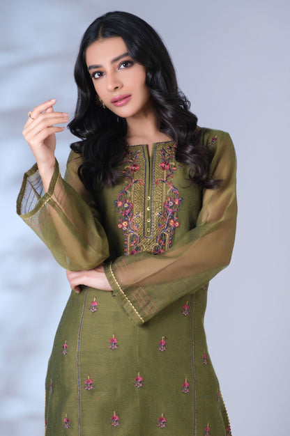 Stitched 2 Piece Khaddi Net Embroidered Outfit