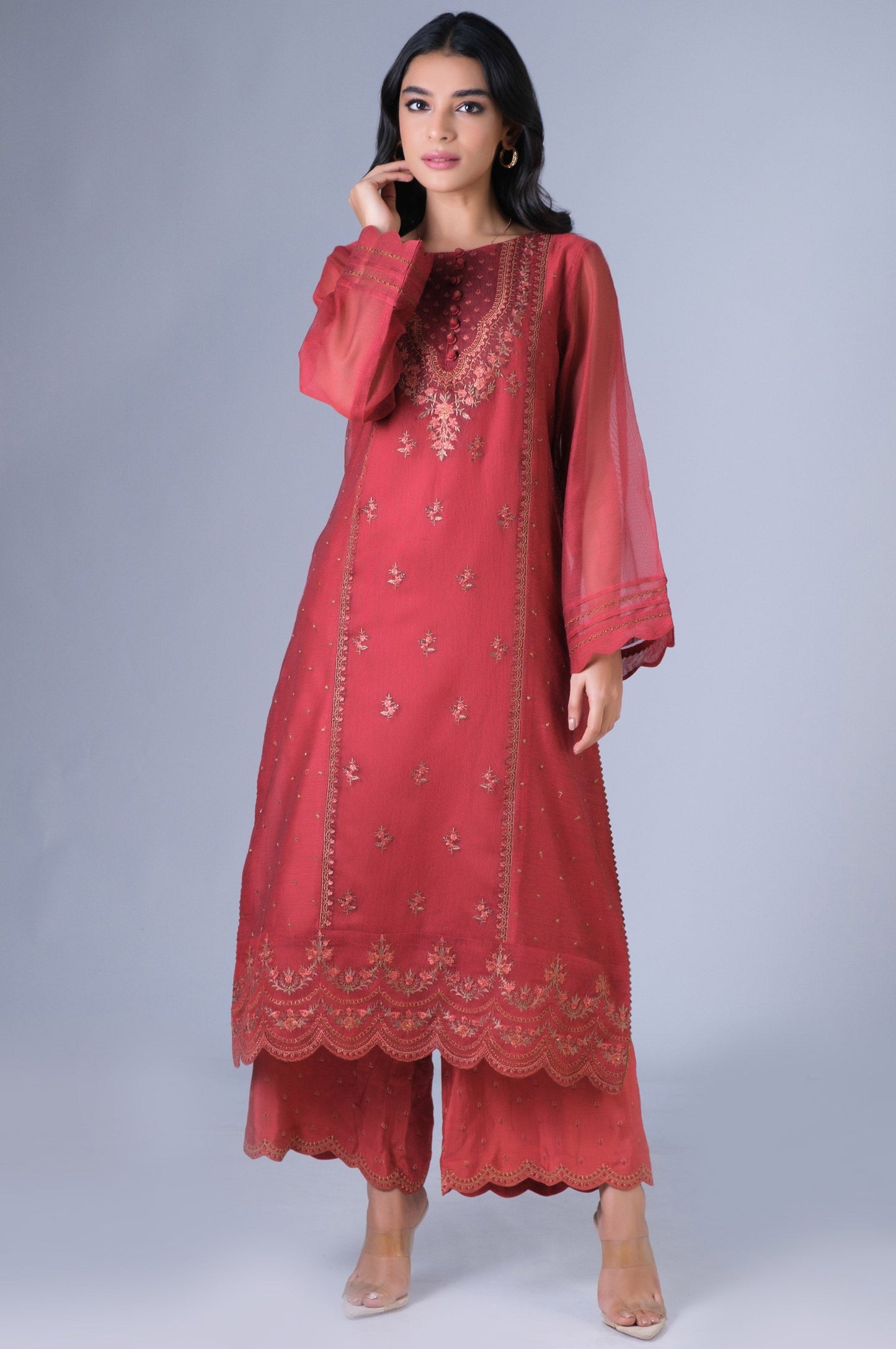 Stitched 2 Piece Khadi Net Embroidered Outfit