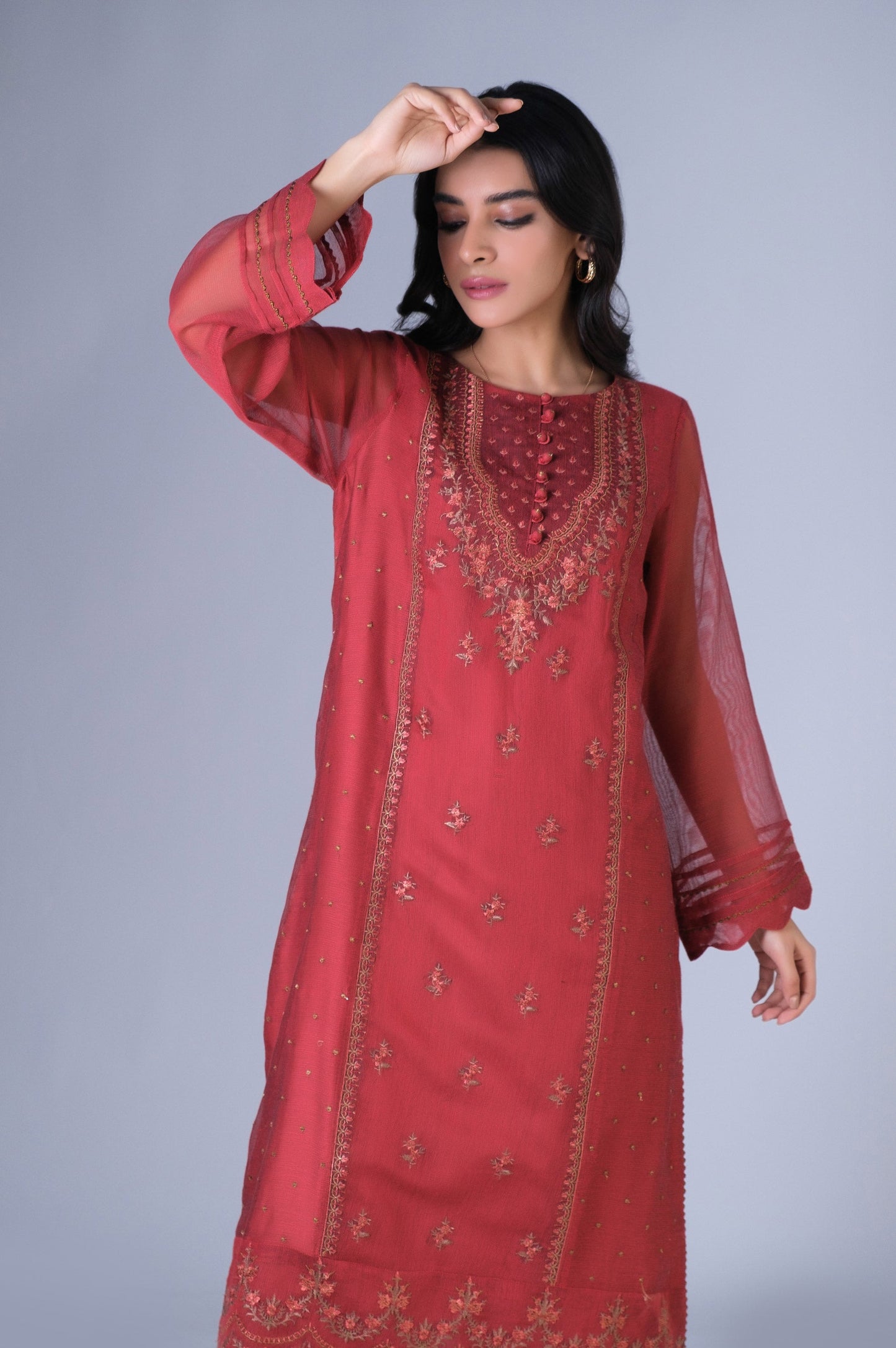 Stitched 2 Piece Khadi Net Embroidered Outfit