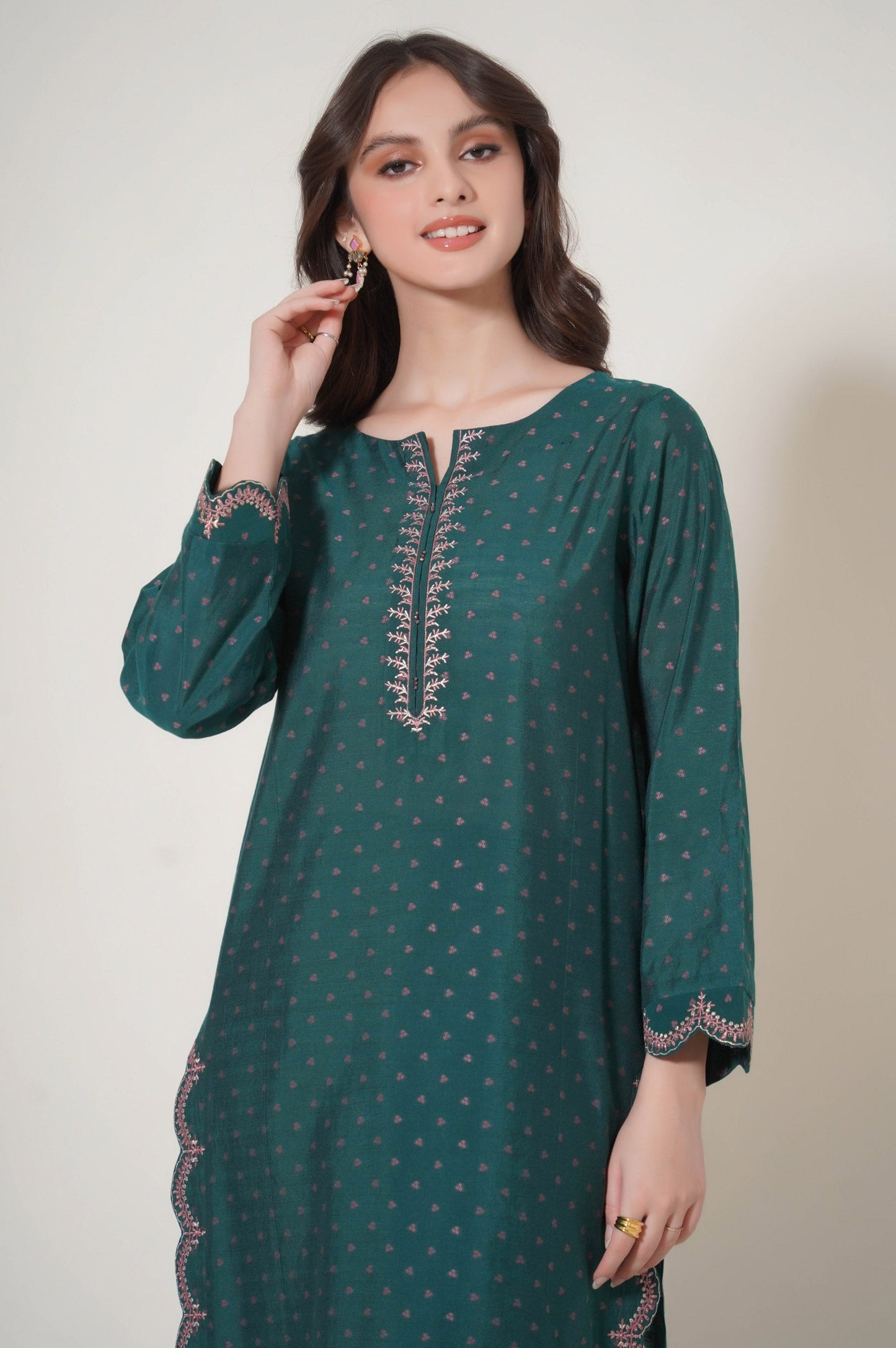 Stitched 2 Piece Embroidered Cotton Silk Suit
