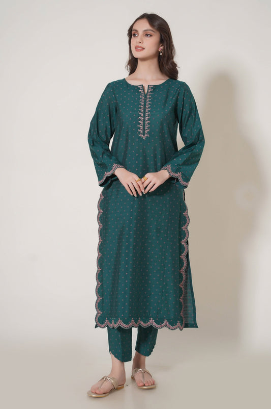 Stitched 2 Piece Embroidered Cotton Silk Suit