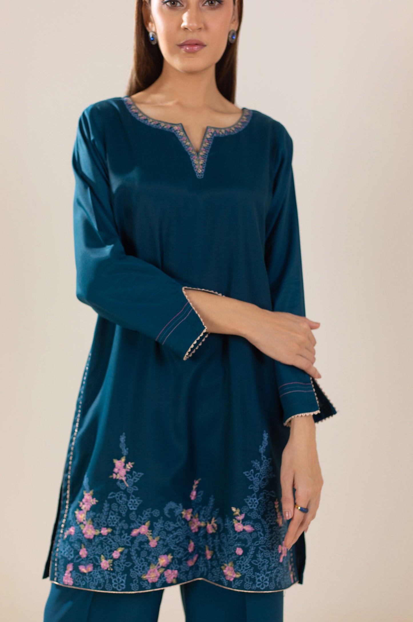 Stitched 2 Piece Embroidered Oak Silk Outfit