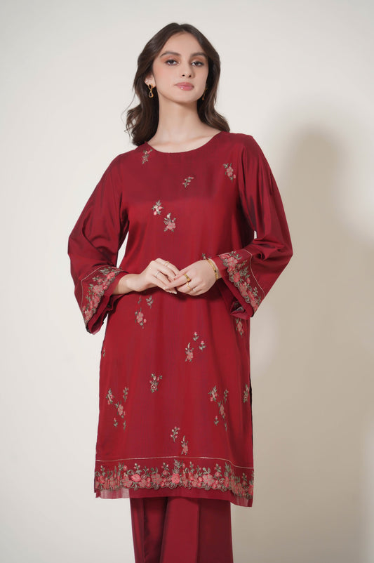 Stitched 2 Piece Embroidered Cotton Silk Suit
