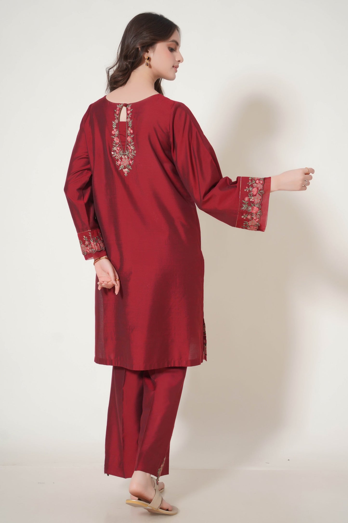 Stitched 2 Piece Embroidered Cotton Silk Suit