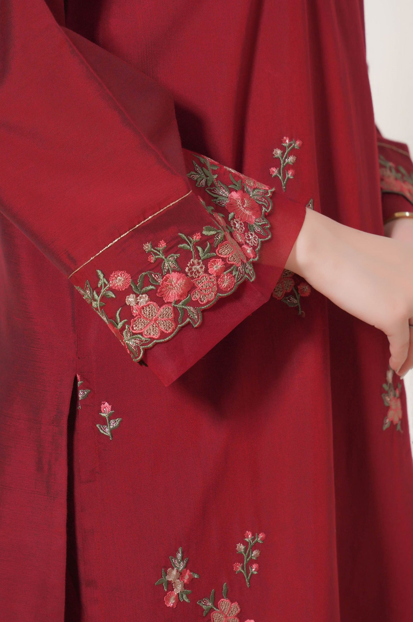 Stitched 2 Piece Embroidered Cotton Silk Suit