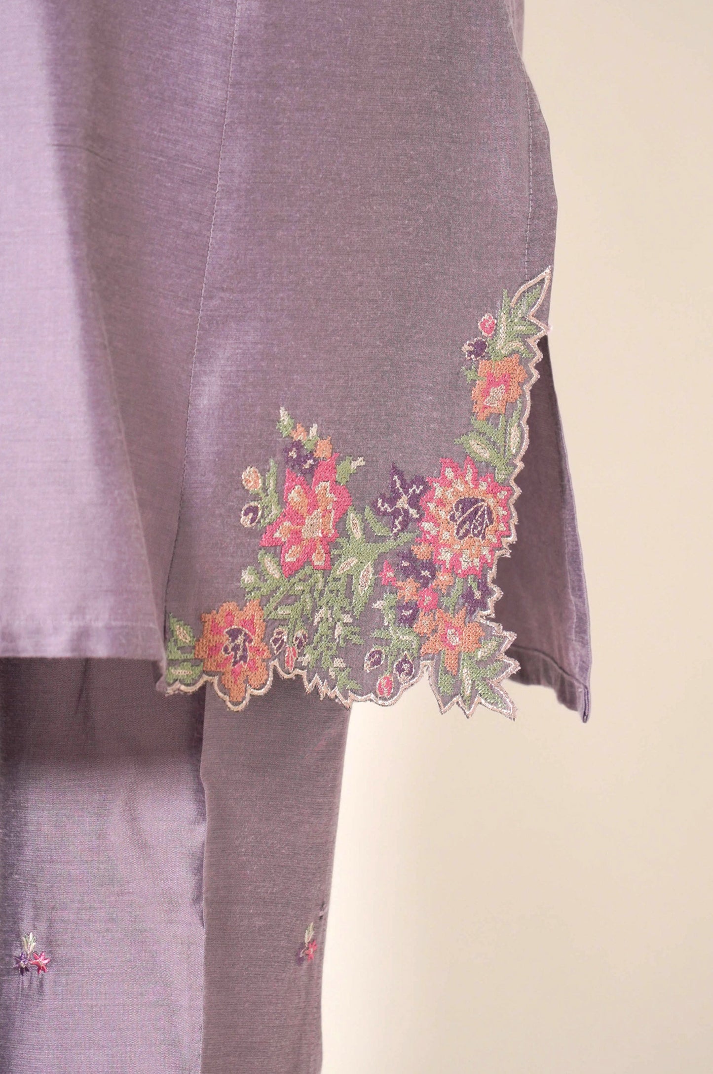 Stitched 2 Piece Embroidered Cotton Silk Suit