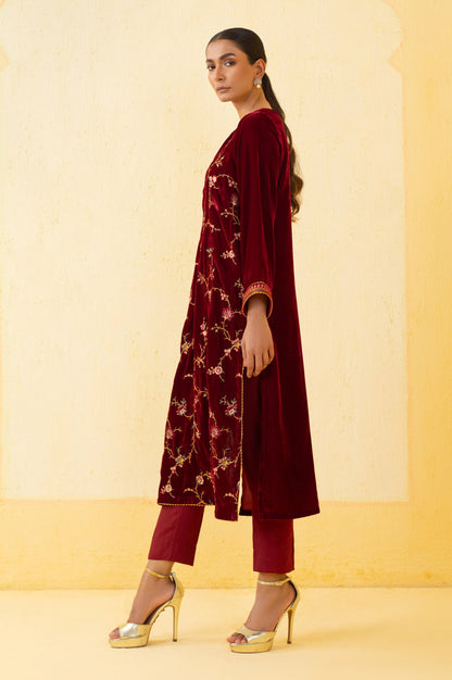 Stitched 2 Piece Embroidered Velvet Suit - Maroon