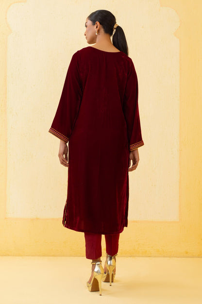 Stitched 2 Piece Embroidered Velvet Suit - Maroon