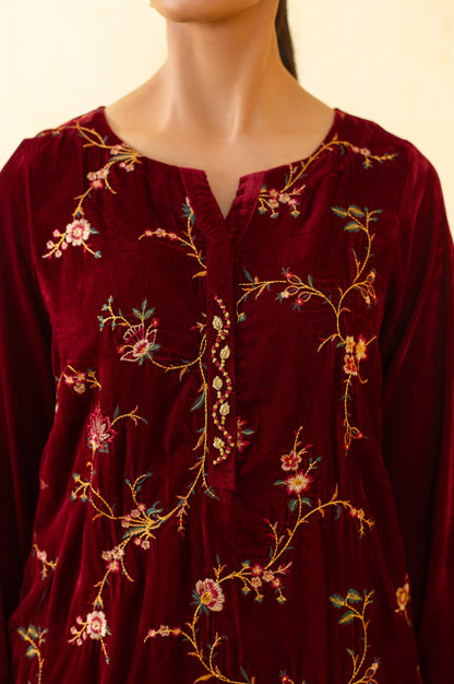 Stitched 2 Piece Embroidered Velvet Suit - Maroon