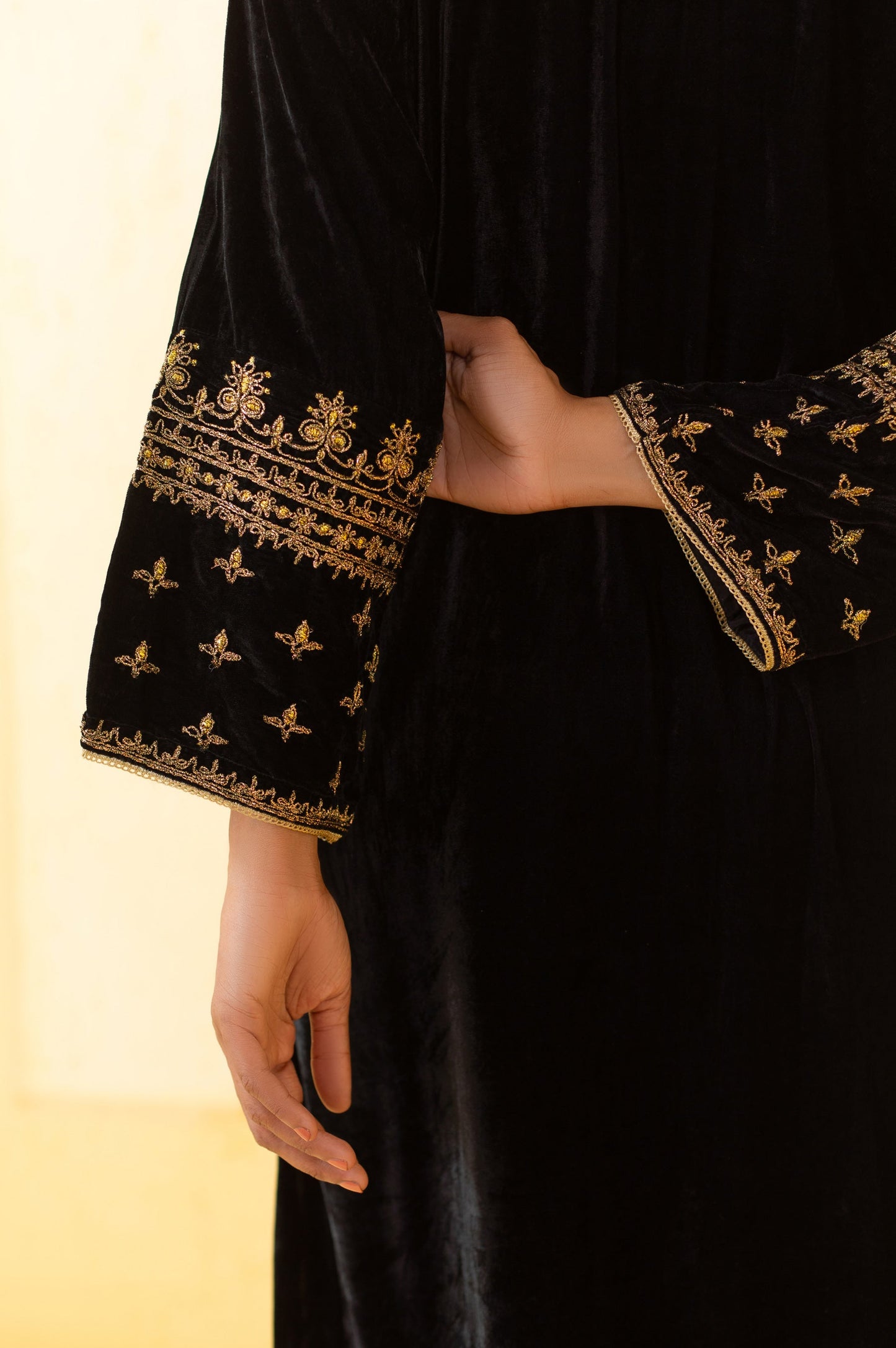 Stitched 2 Piece Embroidered Velvet Outfit - Black