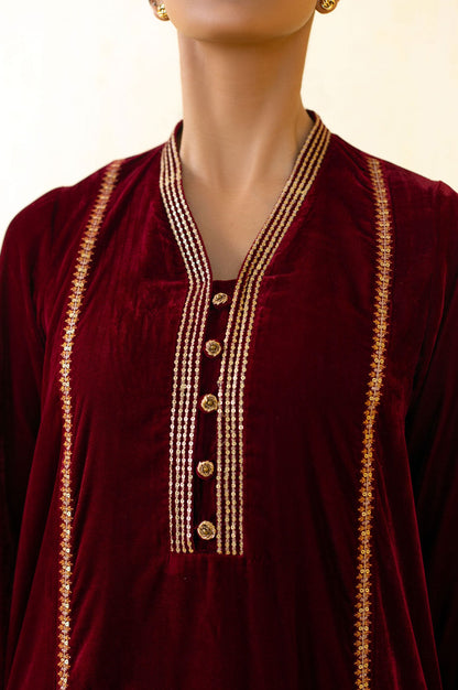 Stitched 2 Piece Embroidered Velvet Outfit - Maroon