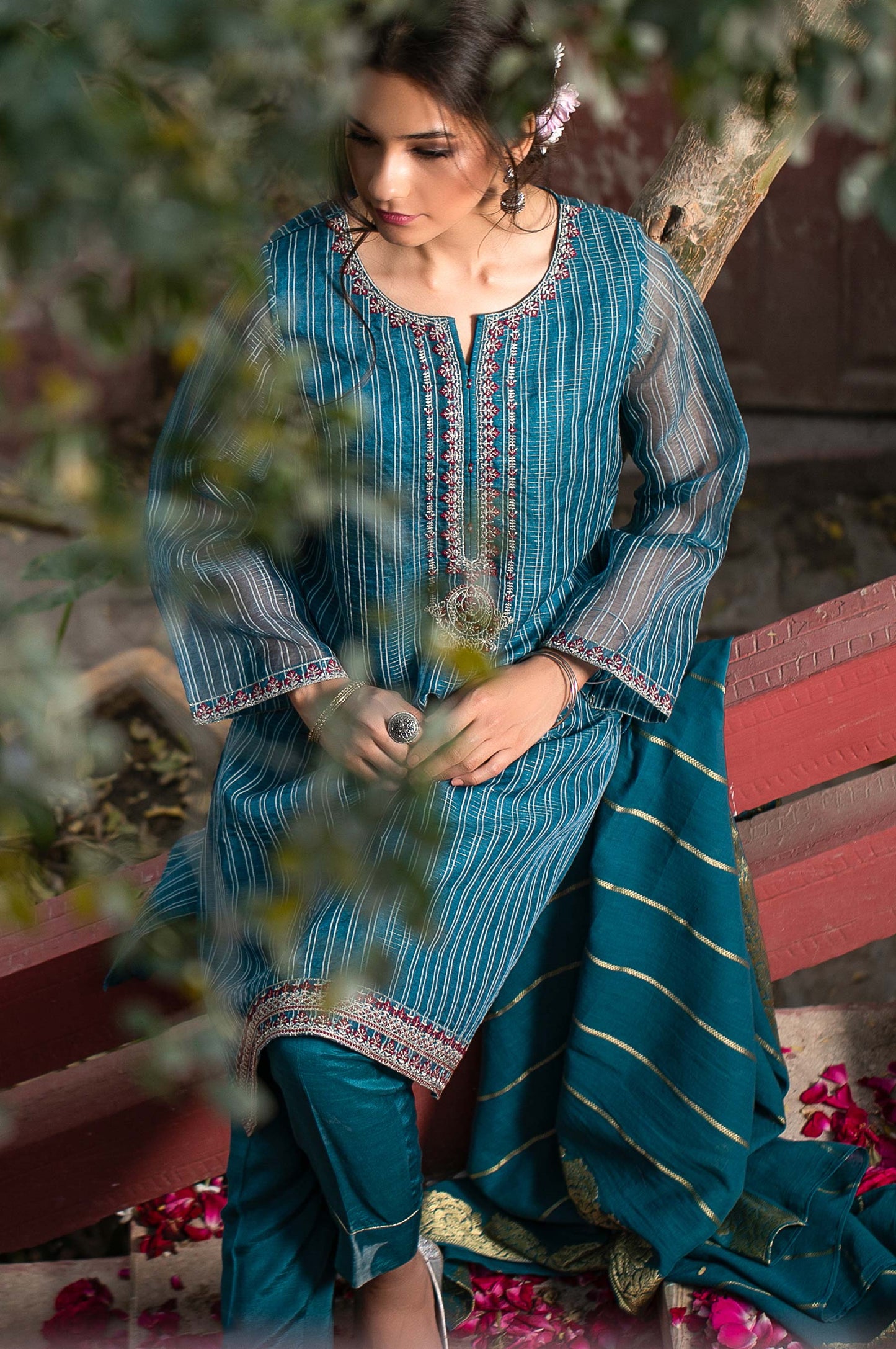 Stitched 3 Piece Checkered Organza Embroidered Suit