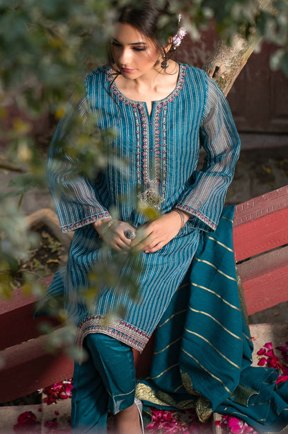 Stitched 3 Piece Checkered Organza Embroidered Suit