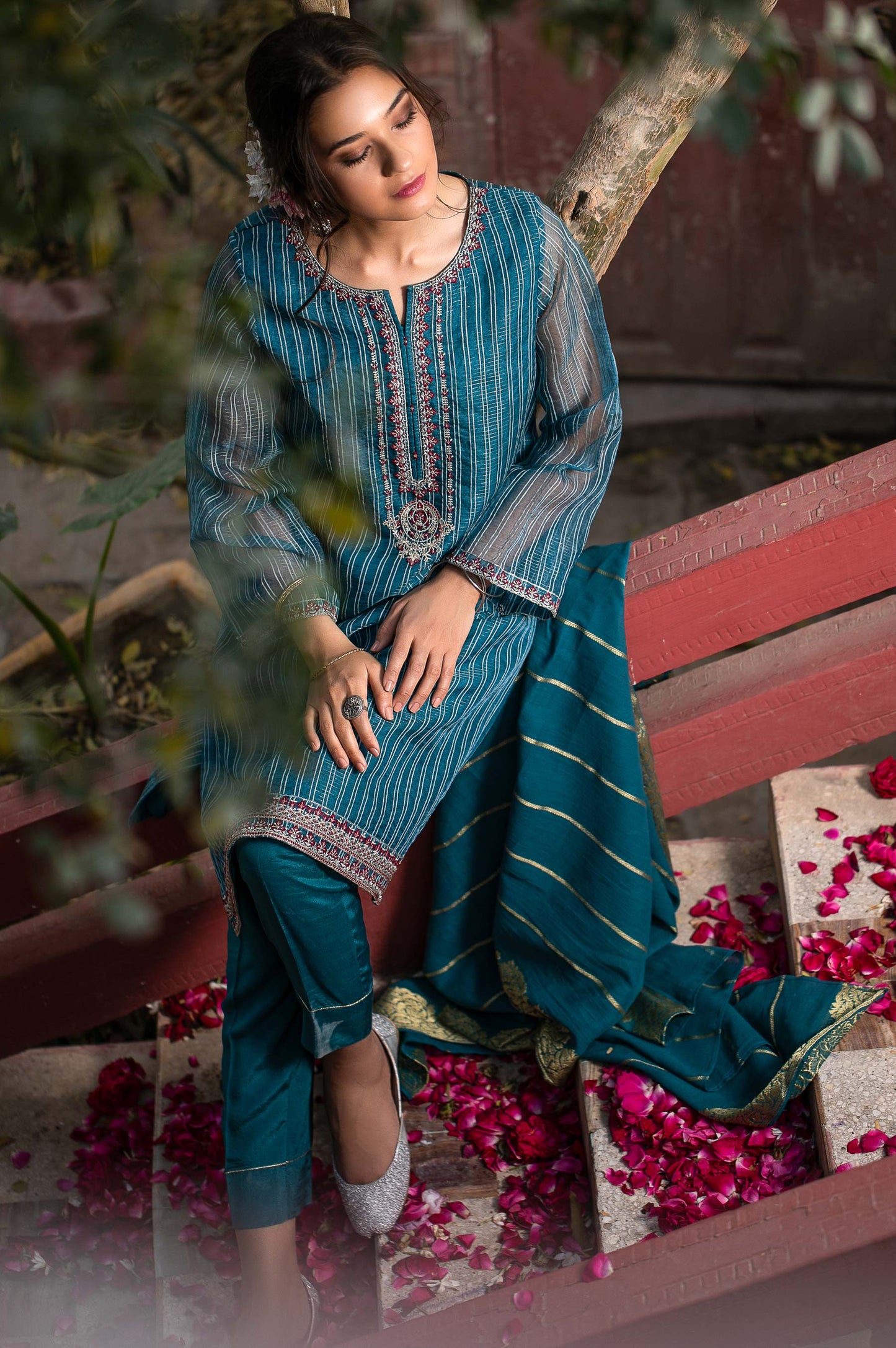 Stitched 3 Piece Checkered Organza Embroidered Suit