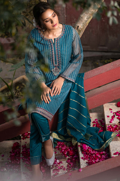 Stitched 3 Piece Checkered Organza Embroidered Suit