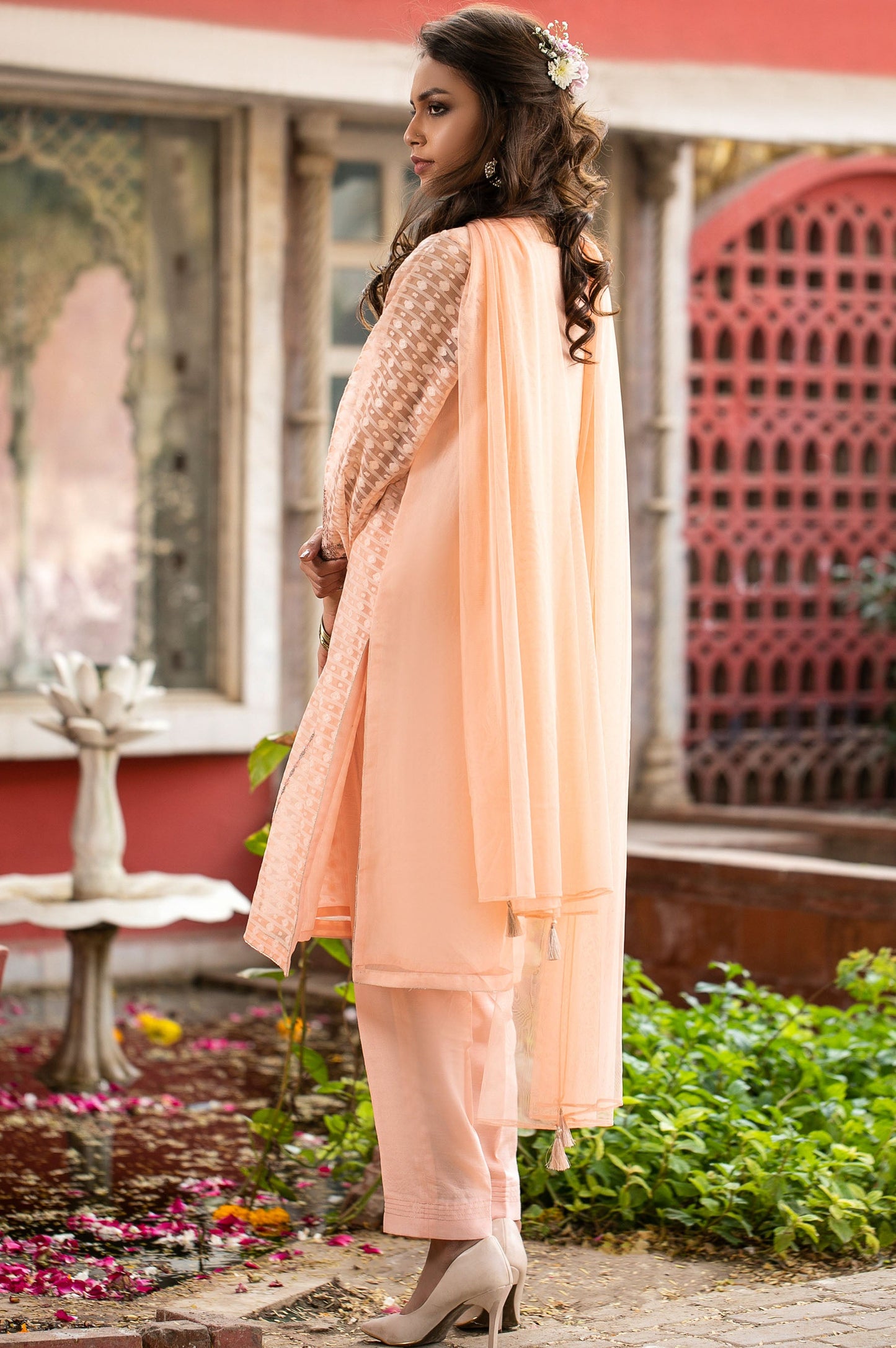 Stitched 3 Piece Jacquard Organza Embroidered Suit