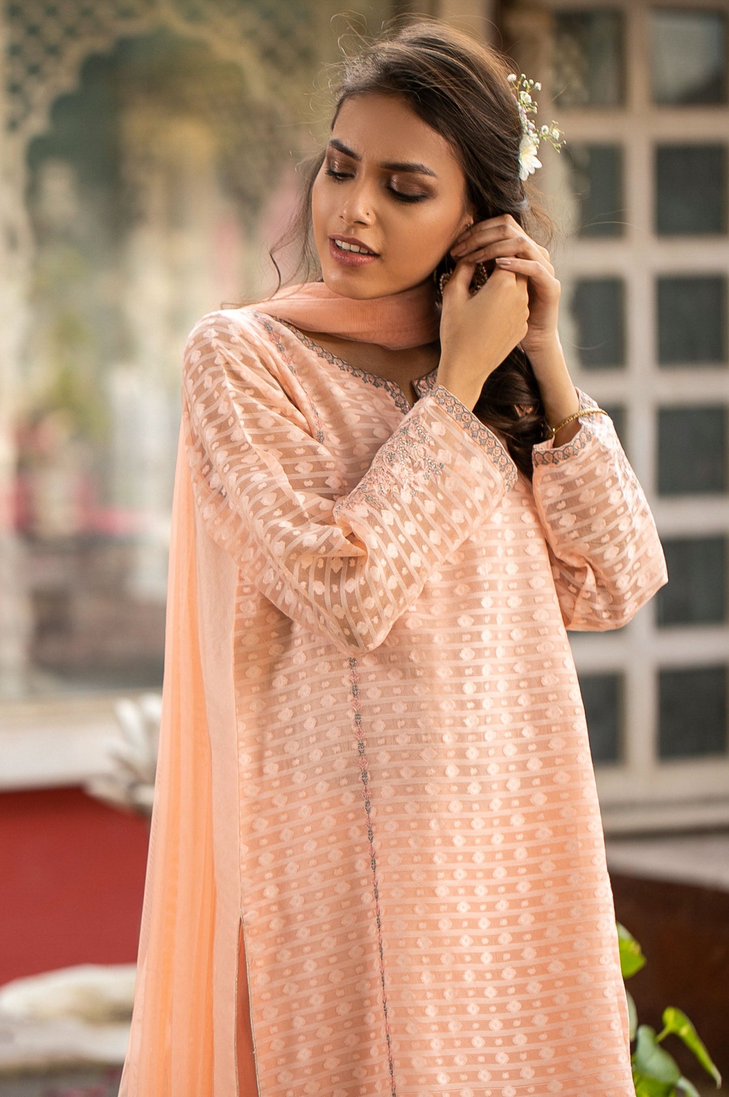 Stitched 3 Piece Jacquard Organza Embroidered Suit