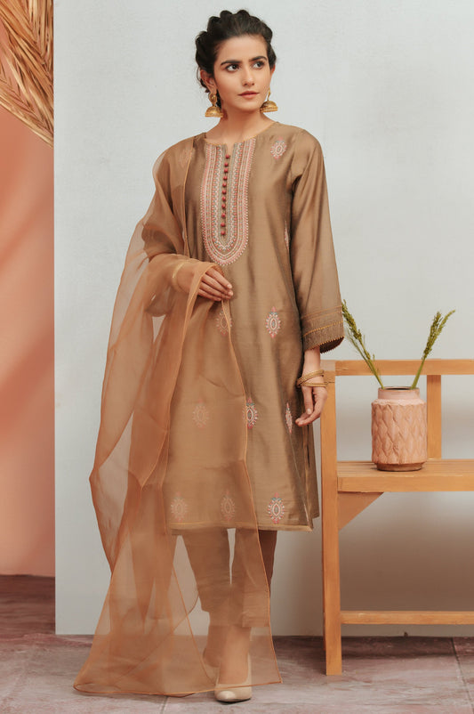 Stitched 2 Piece Paper Silk Dyed Embroidered Suit