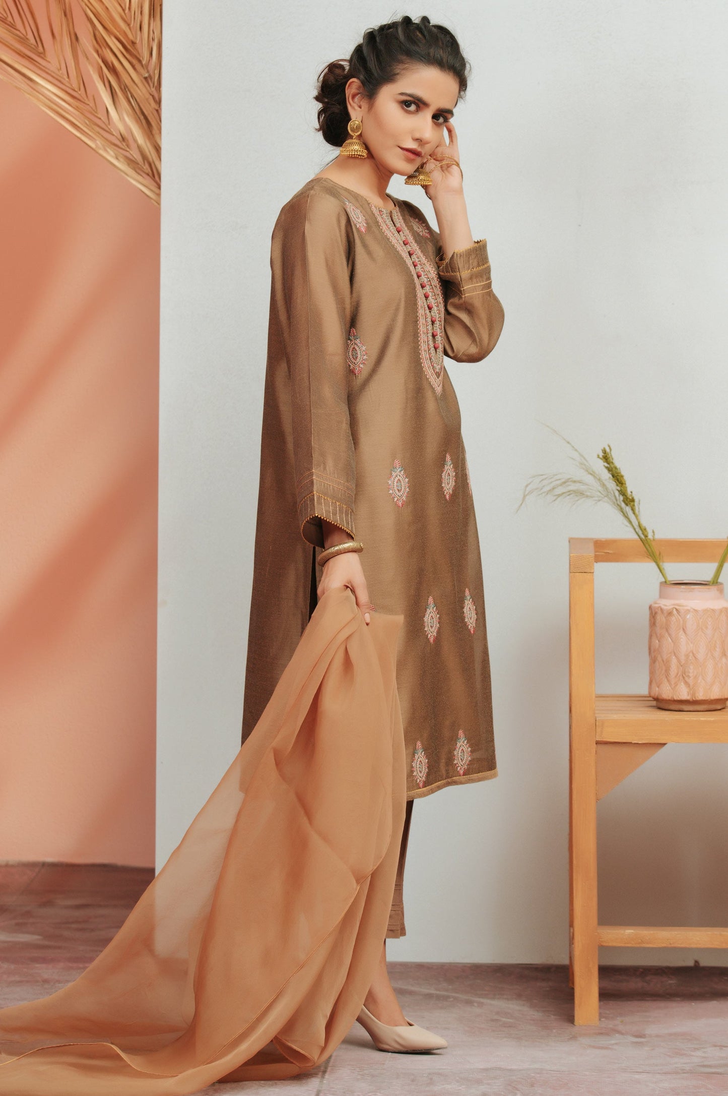 Stitched 2 Piece Paper Silk Dyed Embroidered Suit