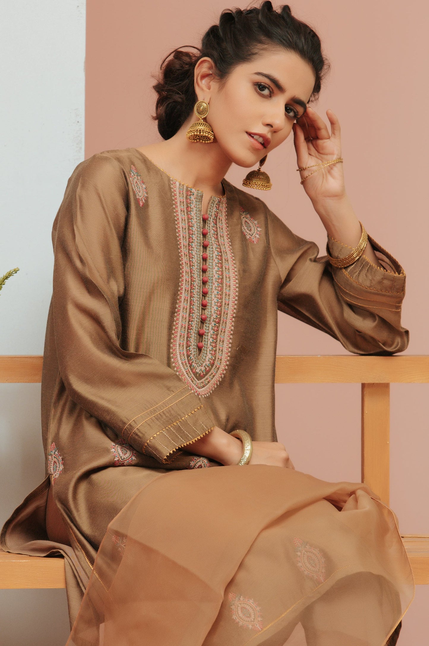 Stitched 2 Piece Paper Silk Dyed Embroidered Suit