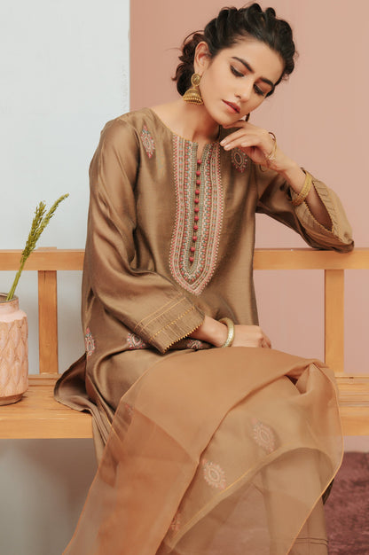 Stitched 2 Piece Paper Silk Dyed Embroidered Suit