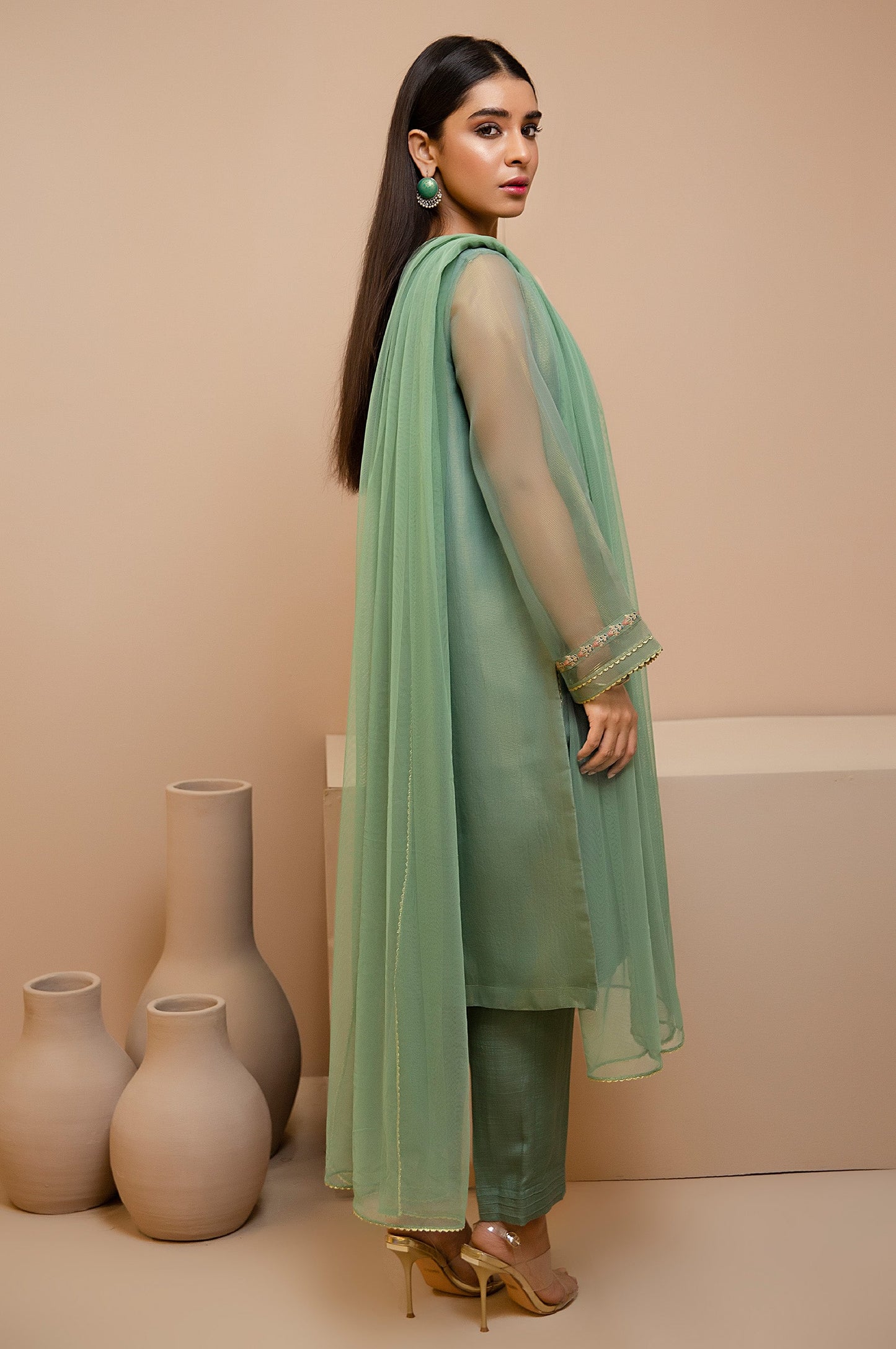 Stitched 3 Piece Check Organza Embroidered Suit