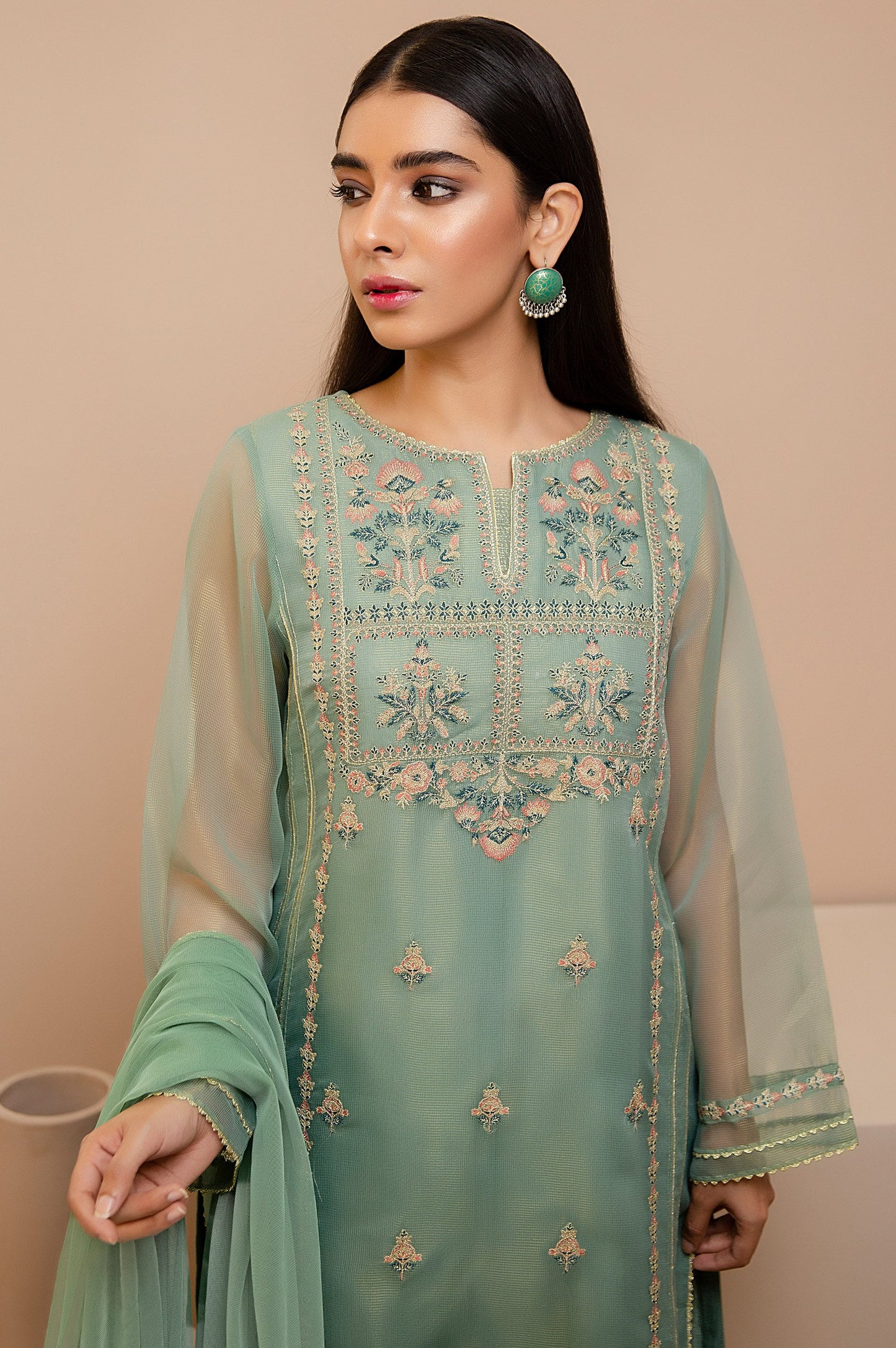 Stitched 3 Piece Check Organza Embroidered Suit